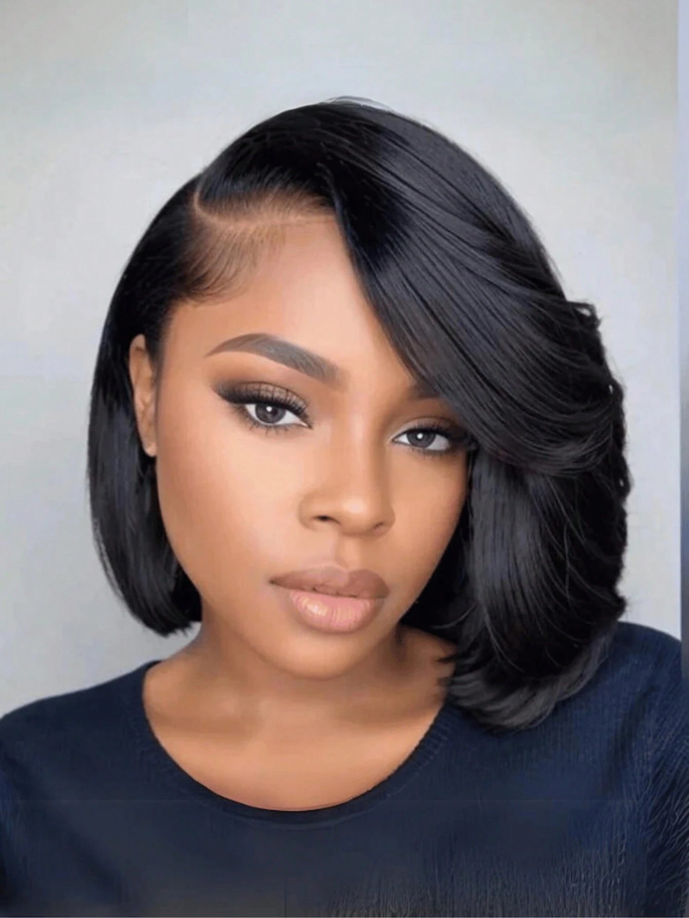 Side Part Bob Wig With Blow Out Bangs Pre Cut Pre Bleached Pre Styled 7x5 Lace Human Hair Glueless Wig Ready To Wear & Go Bye Bye Knots Wig Black Feathered Bob Wig